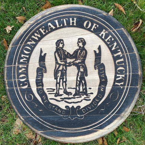 Vintage Kentucky State Seal Engraved Reclaimed Bourbon Barrel Head