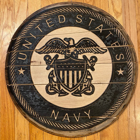 Navy Engraved Reclaimed Bourbon Barrel Head