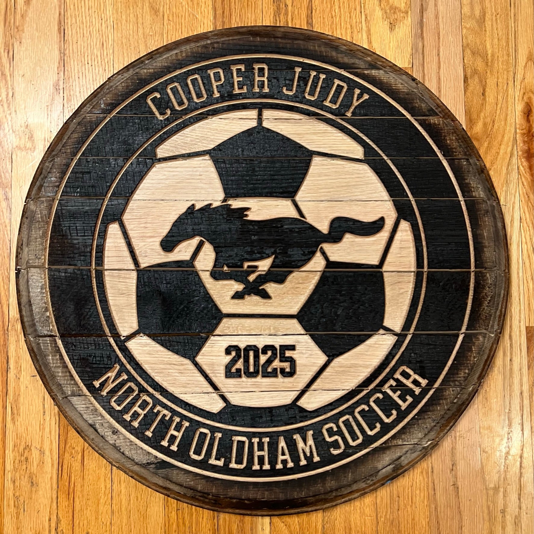 Customizable North Oldham Sports Engraved Reclaimed Bourbon Barrel Head